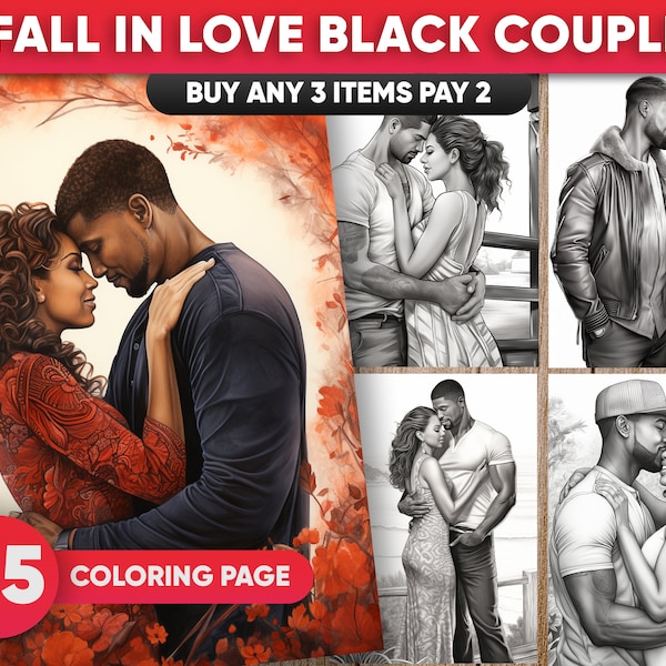 25 Fall In Love Black Couple Coloring Pages for adults, Valentine's Day Woman, Man, Love, Grayscale PDF/JPEG, Digital Download