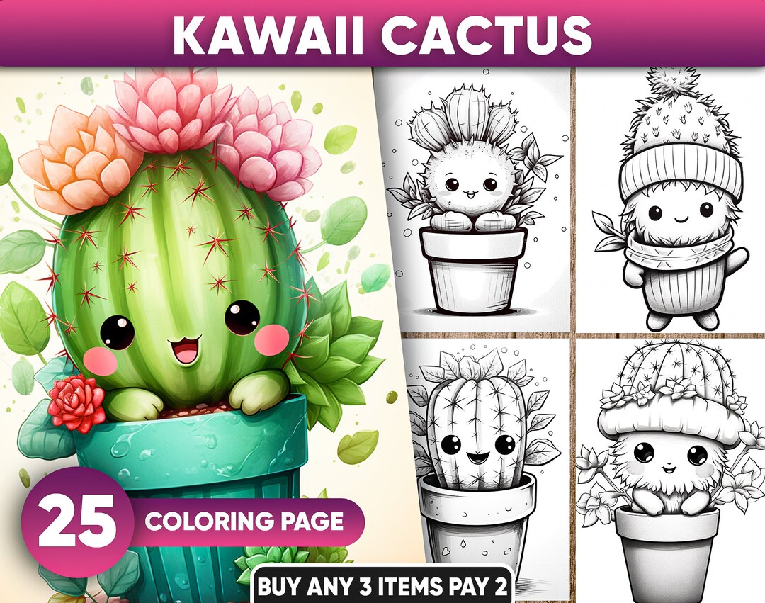 25 Kawaii Cactus, Coloring Pages, Adults + Kids - Instant Download ...