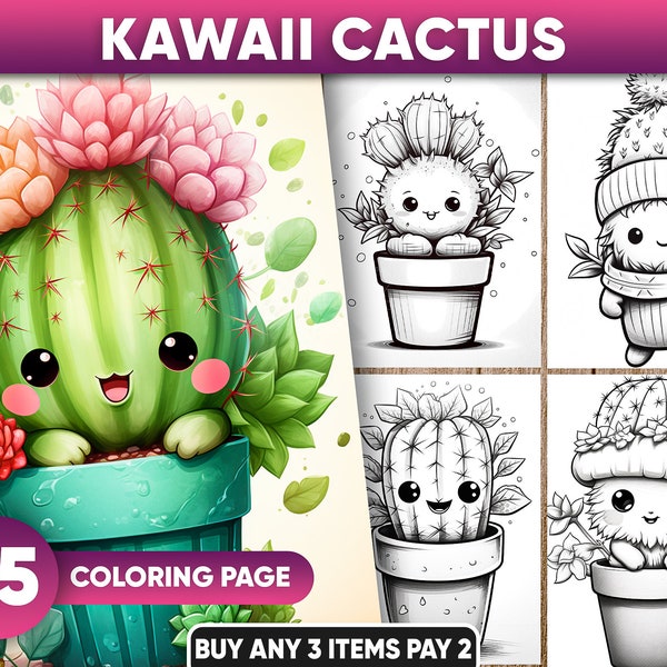 25 Kawaii Cactus, Coloring Pages, Adults + kids - Instant Download - Grayscale Coloring Pages Printable PDF Cute Cactus and Plant PDF / JPEG