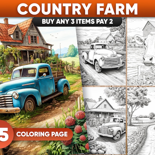 25 Country Farm Grayscale Coloring Pages, JPEG/PDF Format, Instant Download