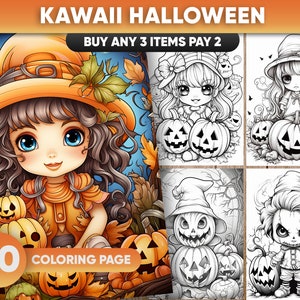 40 Kawaii Halloween, páginas para colorear para niños y adultos- Descarga instantánea - Páginas para colorear en escala de grises imprimibles PDF / JPEG