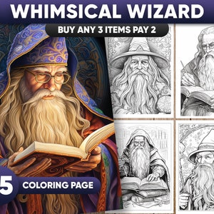 May include: A whimsical wizard colouring page featuring a bearded wizard in a blue and purple robe, holding a book. The wizard has a long white beard and is wearing a pointed hat. The colouring page is part of a set of 35 colouring pages.