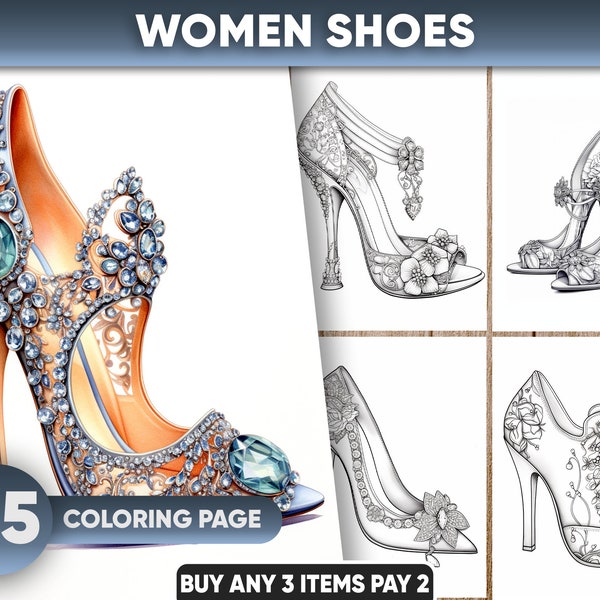 25 Women Shoes Fashion Coloring Pages for adults, Instant Download, Grayscale Coloring Book, Printable PDF File