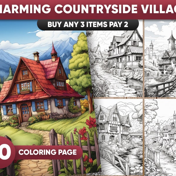 40 Village Charm Coloring Pages, Charming Countryside Coloring Page Instant Download, Grayscale Coloring Book, Printable PDF File