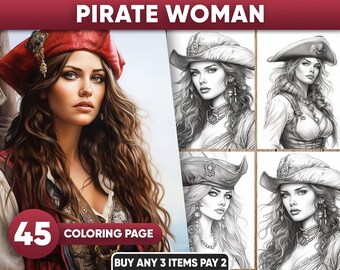Pirate Women Coloring Book: 45 Grayscale Pages (Printable PDF/JPEG)