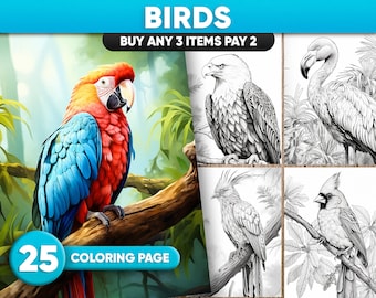 25 Birds Coloring Pages for adults, Tropical Birds Coloring Pages Instant Download, Grayscale Coloring Book, Printable PDF File