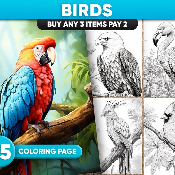 25 Birds Coloring Pages for adults, Tropical Birds Coloring Pages Instant Download, Grayscale Coloring Book, Printable PDF File