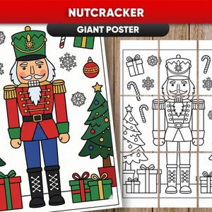 Puede incluir: Ilustración colorida de un soldado Cascanueces con sombrero verde y chaqueta roja, rodeado de árboles de Navidad, regalos y copos de nieve. Las palabras "NUTCRACKER GIANT POSTER" están en la parte superior.