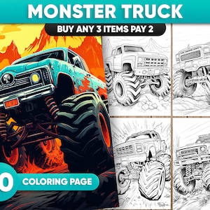 40 Monster Truck Coloring Pages for Kids, Children and Adults, Printable PDF Format | Coloring Sheets for Stress Relief | Instant Download