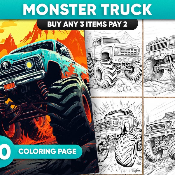 40 Monster Truck Coloring Pages for Kids, Children and Adults, Printable PDF Format | Coloring Sheets for Stress Relief | Instant Download