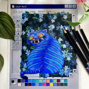 Gouache Acrylic Aesthetic Korean Demon Tiger Art Print | Kpop Bird and Cat Painting MS Paint | NeonPaletteCo