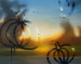 May include: A rectangular canvas painting depicts a sunset landscape viewed through a rain-streaked window. Two pumpkin outlines are drawn in the condensation on the glass, with a small smiley face symbol floating above them.