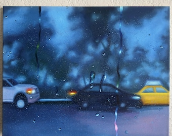 heure bleue | Peinture acrylique originale de pluie de gouache | Oeuvre d'art murale nostalgique | NéonPaletteCo