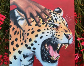 Pintura sobre lienzo en gouache acrílico / Decoración de pared con guepardo y parrilla dorada / NeonPaletteCo