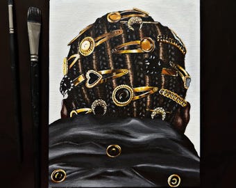 Golden II | Acrylic Gouache Braids Artwork | African American Soulaan Hairstyle Painting Wall Decor | NeonPaletteCo