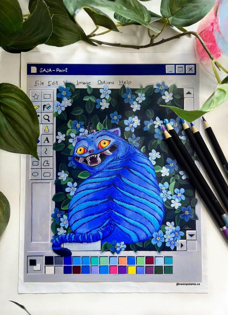 Gouache Acrylic Aesthetic Korean Demon Tiger Art Print | Kpop Bird and Cat Painting MS Paint | NeonPaletteCo