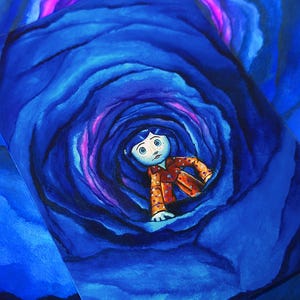 Puede incluir: Una pintura de acuarela de una ni&ntilde;a con ojos azules y una chaqueta de lunares rojos y naranjas que cae en una flor azul y morada.
