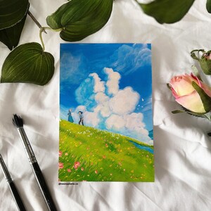 May include: A painting of a couple walking in a field of flowers with a large, fluffy cloud in the sky. The sky is blue and the field is green. The painting is done in a realistic style.