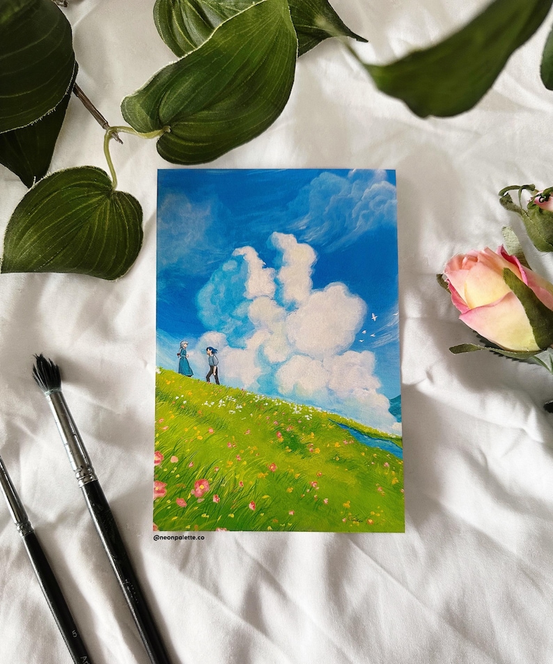 May include: A painting of a couple walking in a field of flowers with a large, fluffy cloud in the sky. The sky is blue and the field is green. The painting is done in a realistic style.