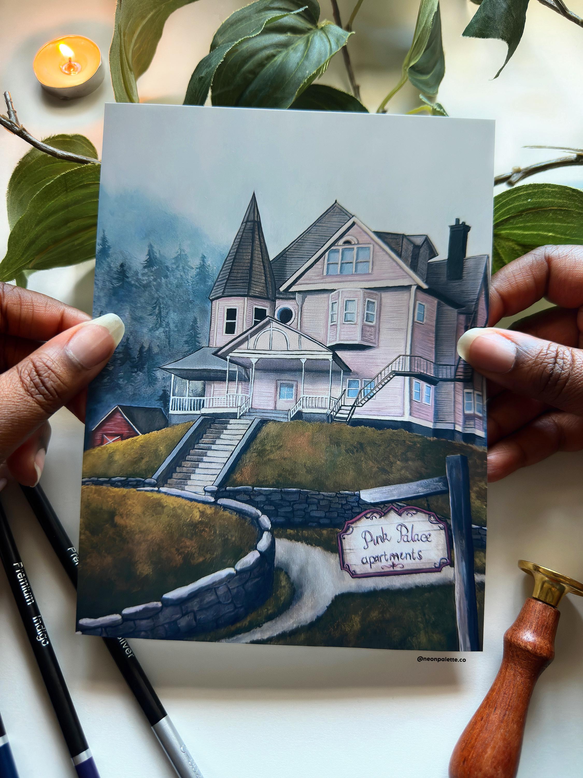 Gouache Acrylic Spooky Coraline Home Pink Palace Art Print Small Halloween Decor Movie Scary Poster Painting NeonPaletteCo