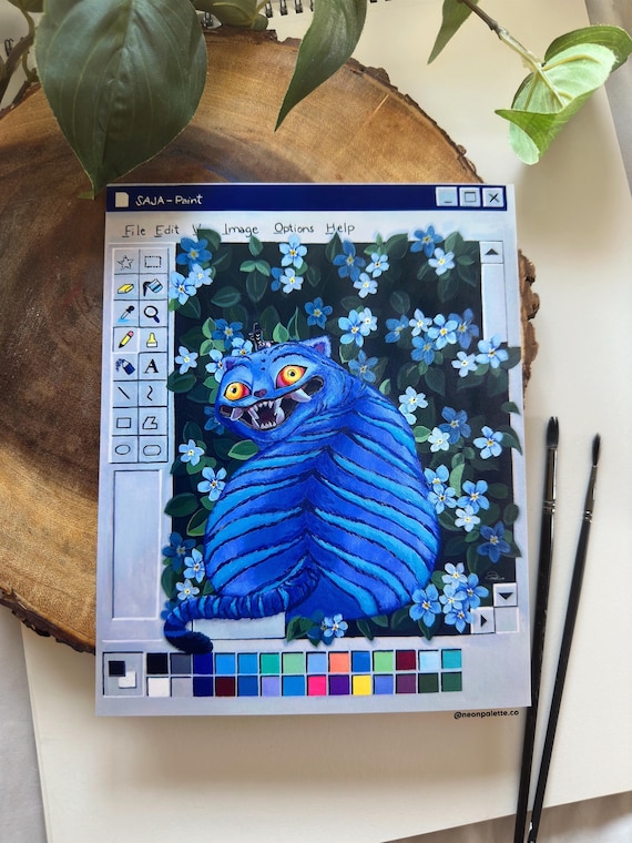 Gouache Acrylic Aesthetic Korean Demon Tiger Art Print | Kpop Bird and Cat Painting MS Paint | NeonPaletteCo