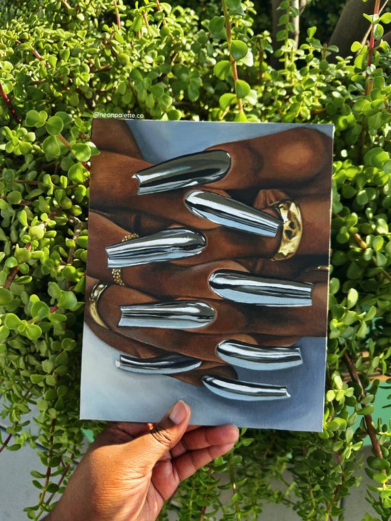 Chrome Femme | Aesthetic Nail Shop Art Black Girl Painting | Soulaan African American Artwork on Canvas | NeonPaletteCo