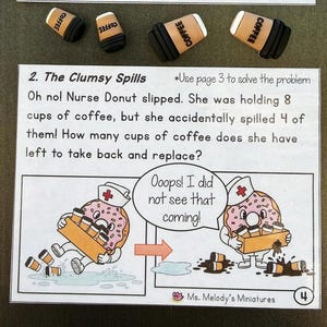May include: Educational illustration with Nurse Donut and coffee cups. The image presents a problem-solving scenario with spilled coffee and a question about remaining cups. The text includes "Nurse Donut" and "Ms. Melody's Miniatures."