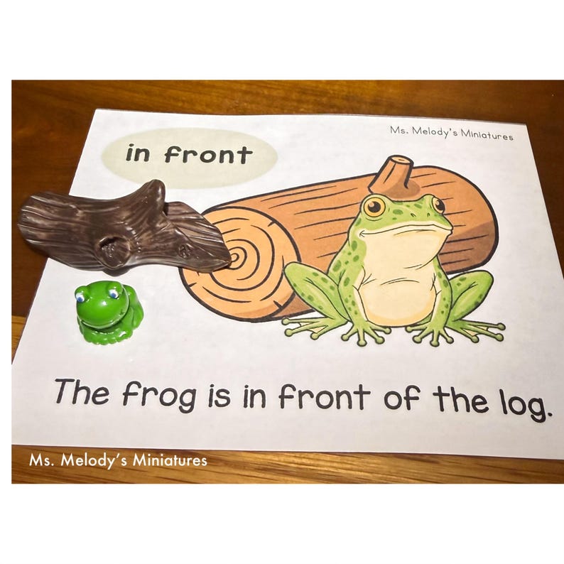 May include: A learning aid featuring a green frog illustration in front of a log, with the text "The frog is in front of the log." A small green frog figurine and a brown log figurine are also present.