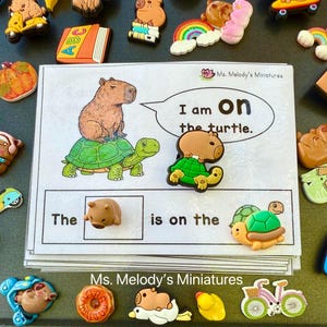 May include: A selection of miniature figurines and an educational aid. The aid shows a capybara on a turtle with the text "I am on the turtle." Other figurines include a pig, a rainbow, and a bicycle. The brand name "Ms. Melody's Miniatures" is visible.