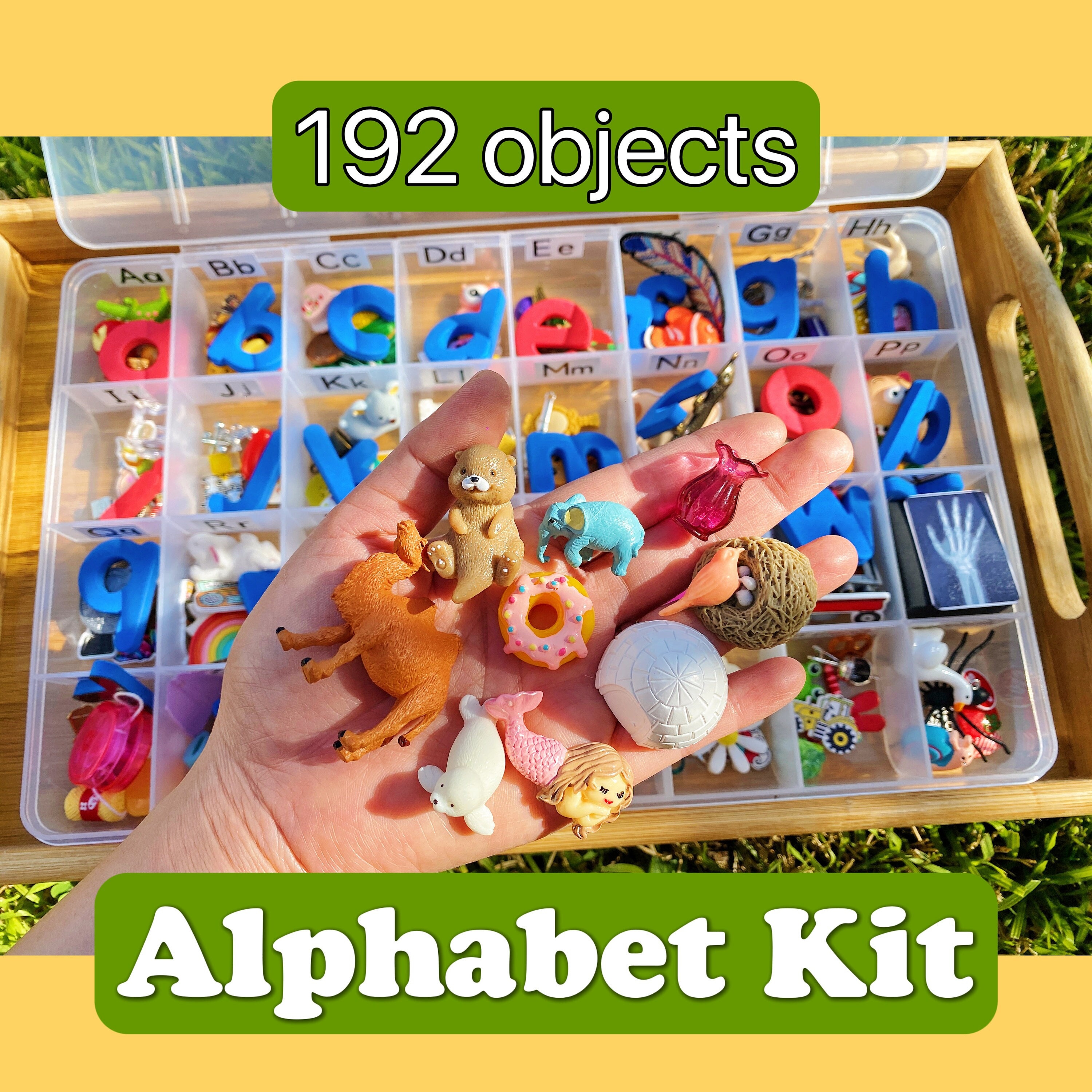 Alphabet Phonics Kit Digraphs Blends Montessori Miniature Objects Letter Sound SLP I Spy Trinkets Reading Writing Spelling Homeschool Toys