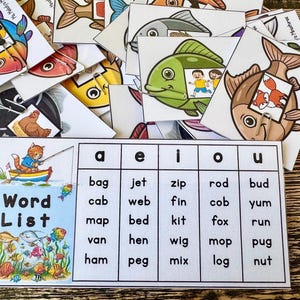 Jogo de pesca Go Fish com palavras de 3 letras, centro de classificação e correspondência, atividade para pequenos grupos, aprendizagem em casa Montessori, fonoaudiólogo, caixa de tarefas, caixa de atividades