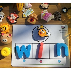 May include: A selection of miniature figurines and foam letters spelling "WIN" on a white card. The figurines include a taxi, panda, fox, sun, pig, donut, and a basketball with a trophy. The card has the text "Ms. Melody's miniatures".