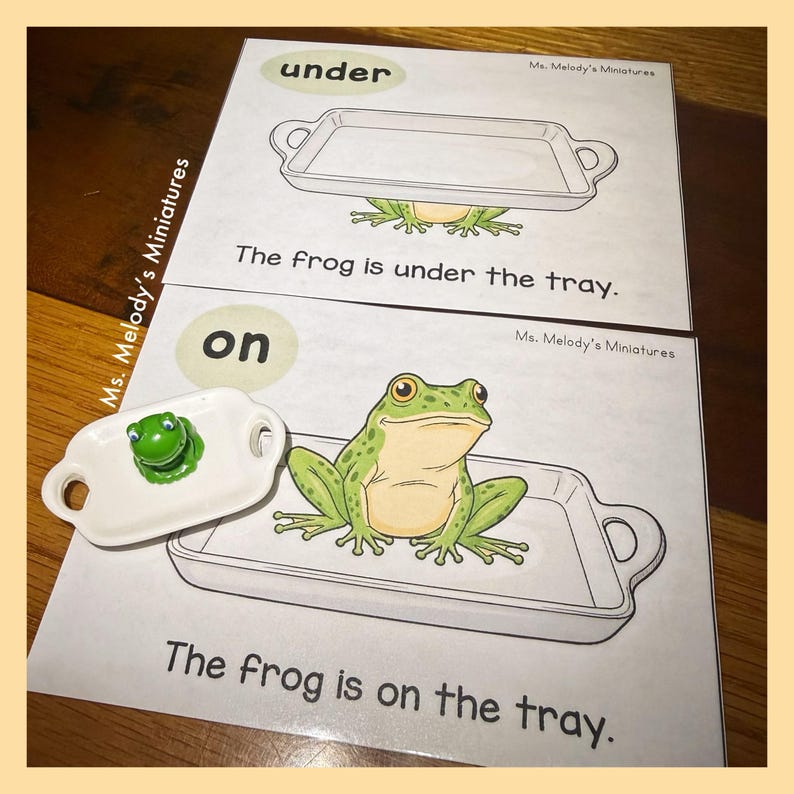 May include: Two educational cards with illustrations and text. One card shows a frog under a tray, the other shows a frog on a tray. A small frog figurine sits on a white tray. The text reads "The frog is under the tray" and "The frog is on the tray."