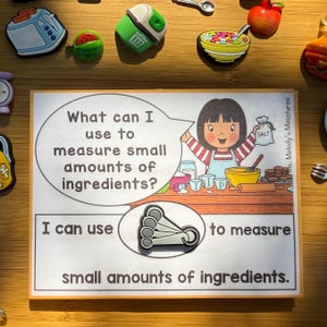 May include: A colorful educational illustration with the text "What can I use to measure small amounts of ingredients?" and "I can use" with a set of measuring spoons. The image also features miniature food-themed magnets.