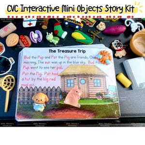 May include: A CVC Interactive Mini Objects Story Kit featuring miniature objects like a dog, pig, and corn, alongside a storybook titled "The Treasure Trip". The book has colourful illustrations and text. The objects are displayed on a dark surface.