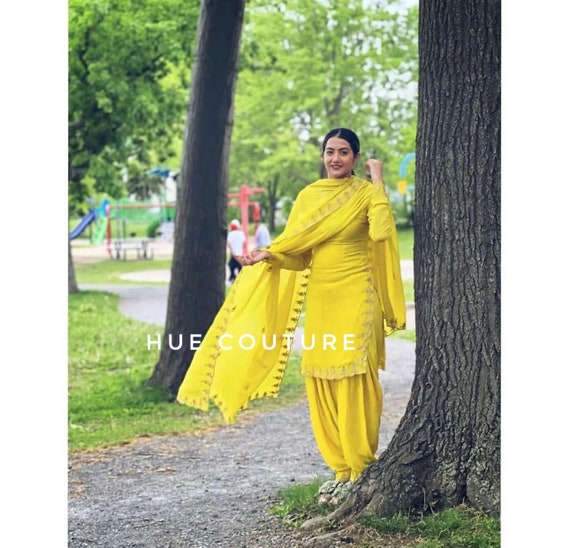 Solid Color Rayon Punjabi Suit in Yellow : KMM151