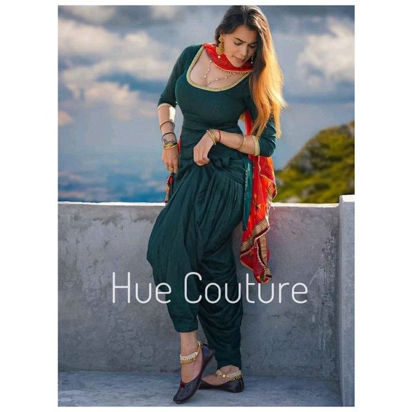 Green Patiala Suit With phulkari Dupatta Punjabi Designer Salwar suit, Festive wear Salwar Kameez Suit Made To Measure Suit For Women & Girl