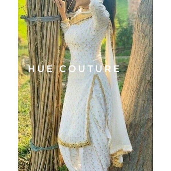 White Georgette Golden Booti Punjabi Suit Indian Ethnic Designer Party Wear Stitched Dress For Women & Girls Brocade Zari Work Salwar Kameez