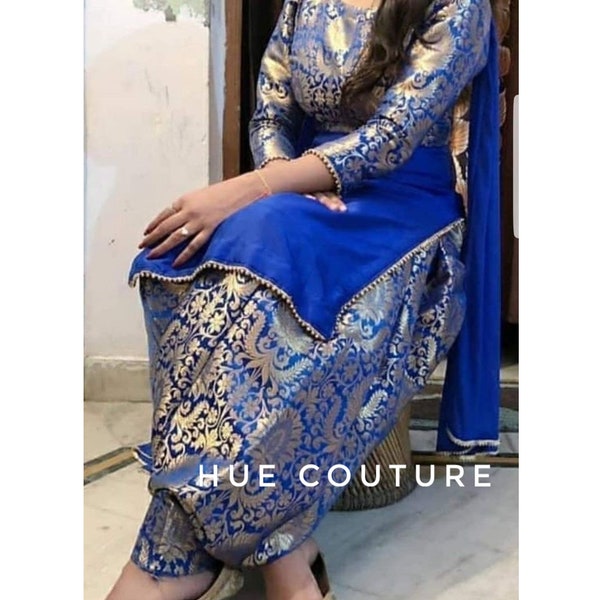 Designer Punjabi Brocade Silk Salwar Kameez Suit Readymade Punjabi Patiala Suit Kameez Dupatta Abiti indiani cuciti su misura per le donne