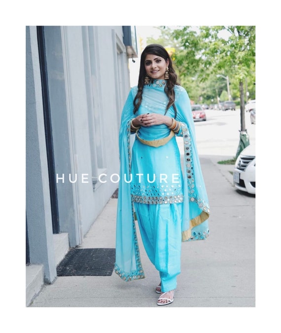 Blue Color Silk Mirror Work Punjabi Suit