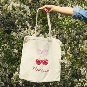 Personalized coquette tote bag cherry bow bag cursive name custom coquette gift for her cotton canvas tote bag valentines day gift for her