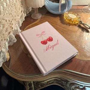 Personalized coquette journal cherry bow notebook cursive name custom coquette gift for her notepad pink journal valentines day gift for her