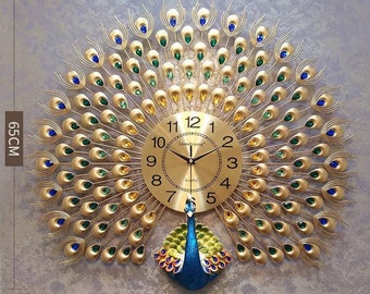 High Quality 3D Luxury Home Clock Decor Big Antique Style Peacock Fancy Gold Wall Clocks