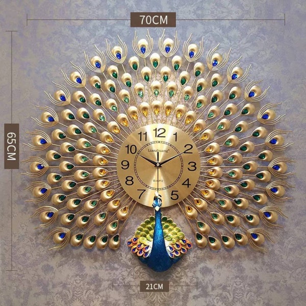 Horloge murale de luxe 3D de haute qualité, grande horloge murale dorée fantaisie paon de style antique