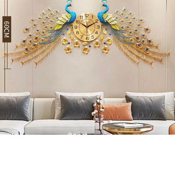 High Quality 3D Luxury Home Clock Decor Big Antique Style Peacock Fancy Gold Wall Clocks