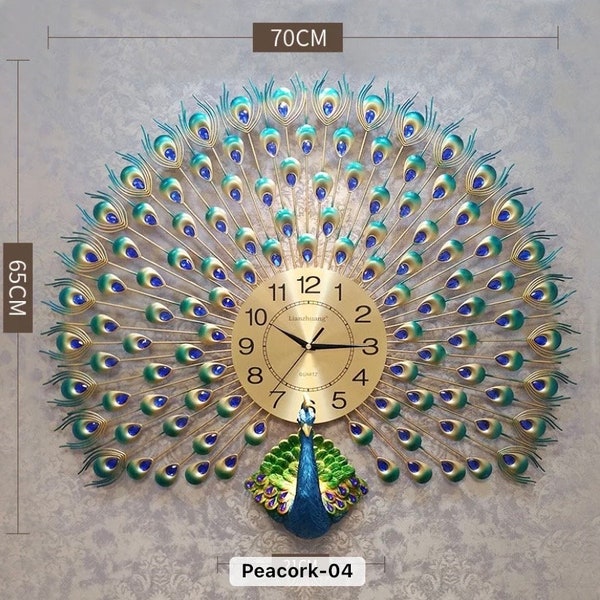 High Quality 3D Luxury Home Clock Decor Big Antique Style Peacock Fancy Gold Wall Clocks