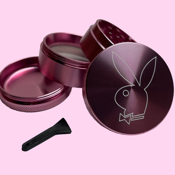 4 Piece 50mm Aluminum Magnetic Spice and Dry Herb Grinder Crusher - Playboy Logo Version 2 - Pink Grinder