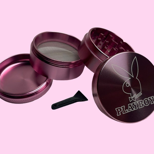 4 Piece 50mm Aluminum Magnetic Spice and Dry Herb Grinder Crusher - Playboy Logo - Pink Grinder