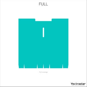 Puede incluir: Un gr&aacute;fico de color turquesa con la palabra "FULL" en la parte superior. El gr&aacute;fico es un rect&aacute;ngulo con un recorte en la parte superior y una l&iacute;nea vertical en el centro. El borde inferior tiene varios tri&aacute;ngulos que apuntan hacia abajo. El texto "Full coverage" est&aacute; debajo.