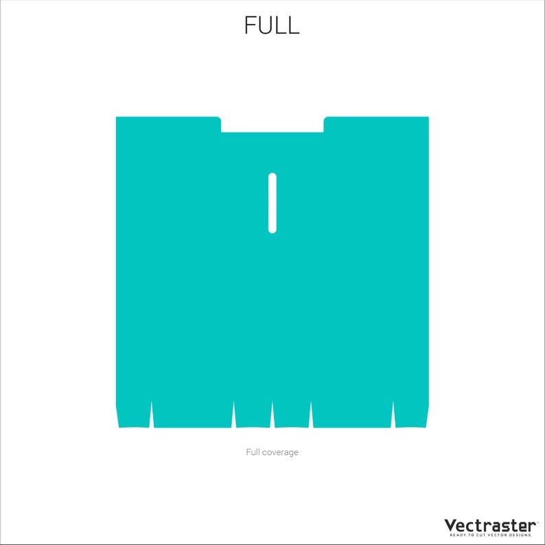Puede incluir: Un gr&aacute;fico de color turquesa con la palabra "FULL" en la parte superior. El gr&aacute;fico es un rect&aacute;ngulo con un recorte en la parte superior y una l&iacute;nea vertical en el centro. El borde inferior tiene varios tri&aacute;ngulos que apuntan hacia abajo. El texto "Full coverage" est&aacute; debajo.